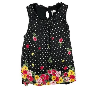ELLE Polka Dot Floral Tank Top Ruffle Neck Sleeveless‎ Blouse XS